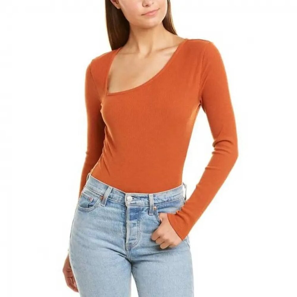 NWT Avec Les Filles Womens Size XS Asymmetric Neck Long Sleeve Ribbed Bodysuit